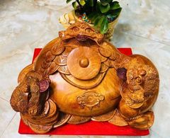 Tượng Cóc Thiềm Thừ Gỗ Hương Ta- Chum Tam Cóc Trấn Bình Ngang 48cm