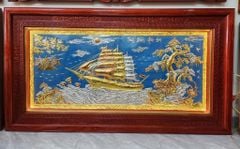 Tranh đồng Tranh Thuận Buồm Xuôi Gió Nền Xanh Dát Tam Khí Kích Thước 243 x 133 - Khung Đục Triện Hoa Văn.