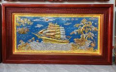 Tranh đồng Tranh Thuận Buồm Xuôi Gió Nền Xanh Dát Tam Khí Kích Thước 243 x 133 - Khung Đục Triện Hoa Văn.