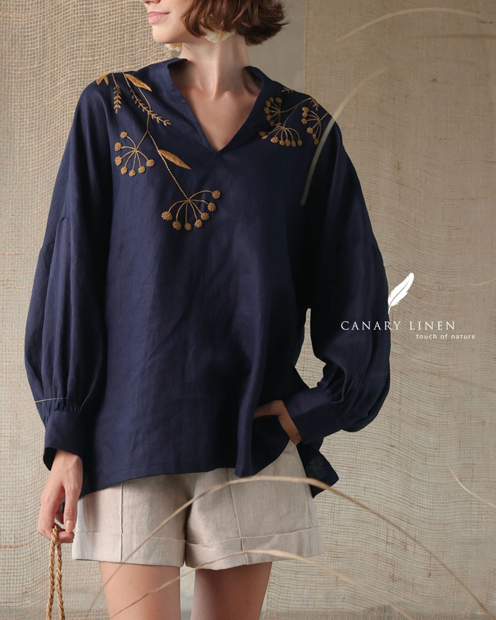  Puffy Shirt - Xanh navy thêu 