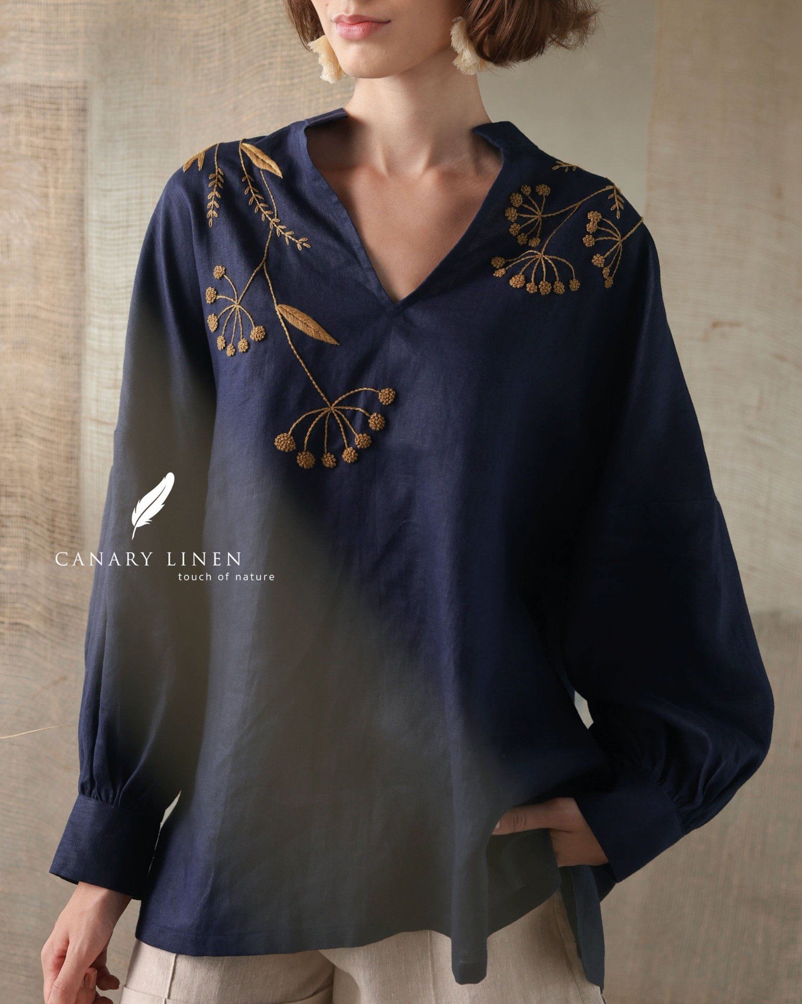  Puffy Shirt - Xanh navy thêu 
