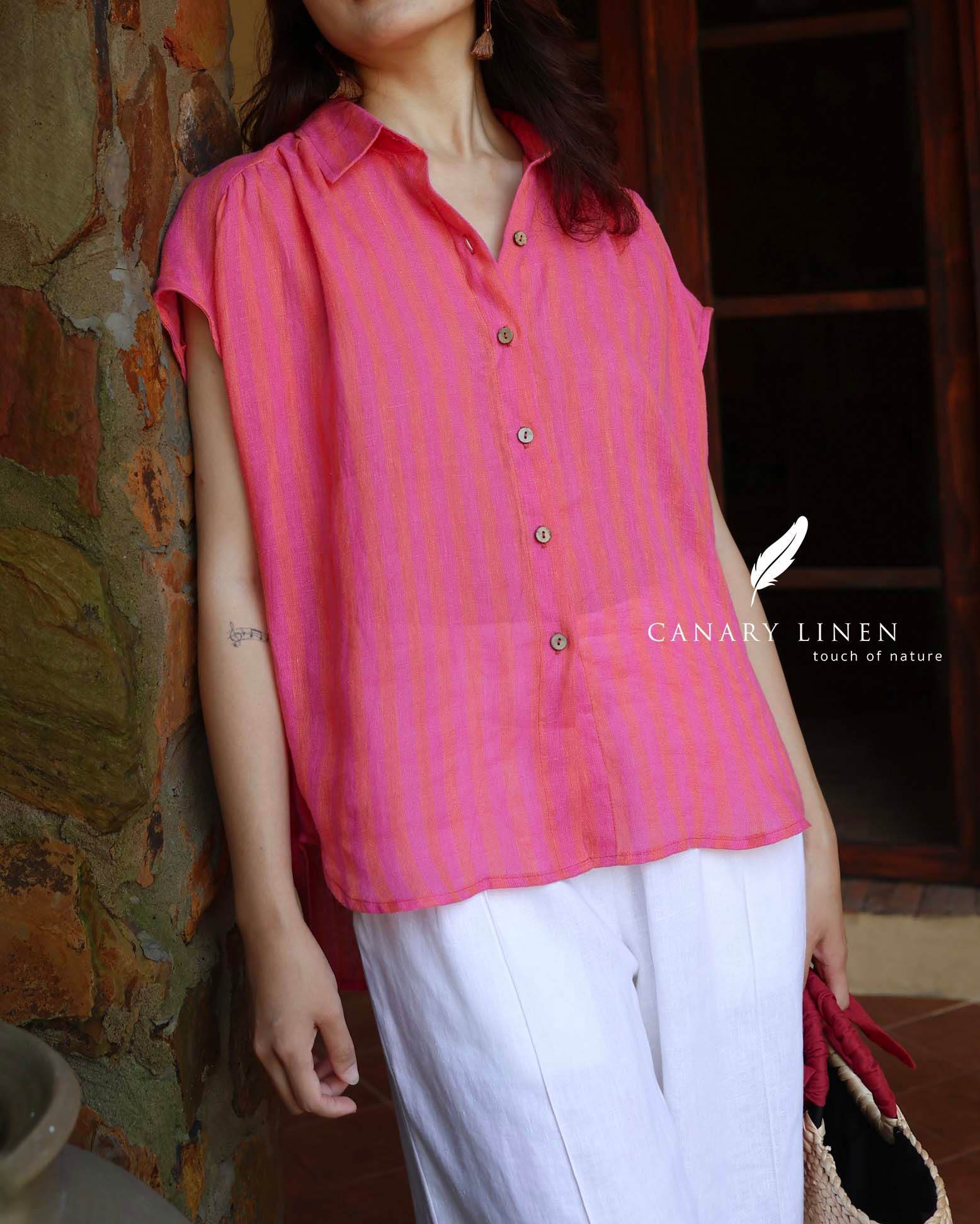  Gathie Shirt - Sọc hồng đỏ 
