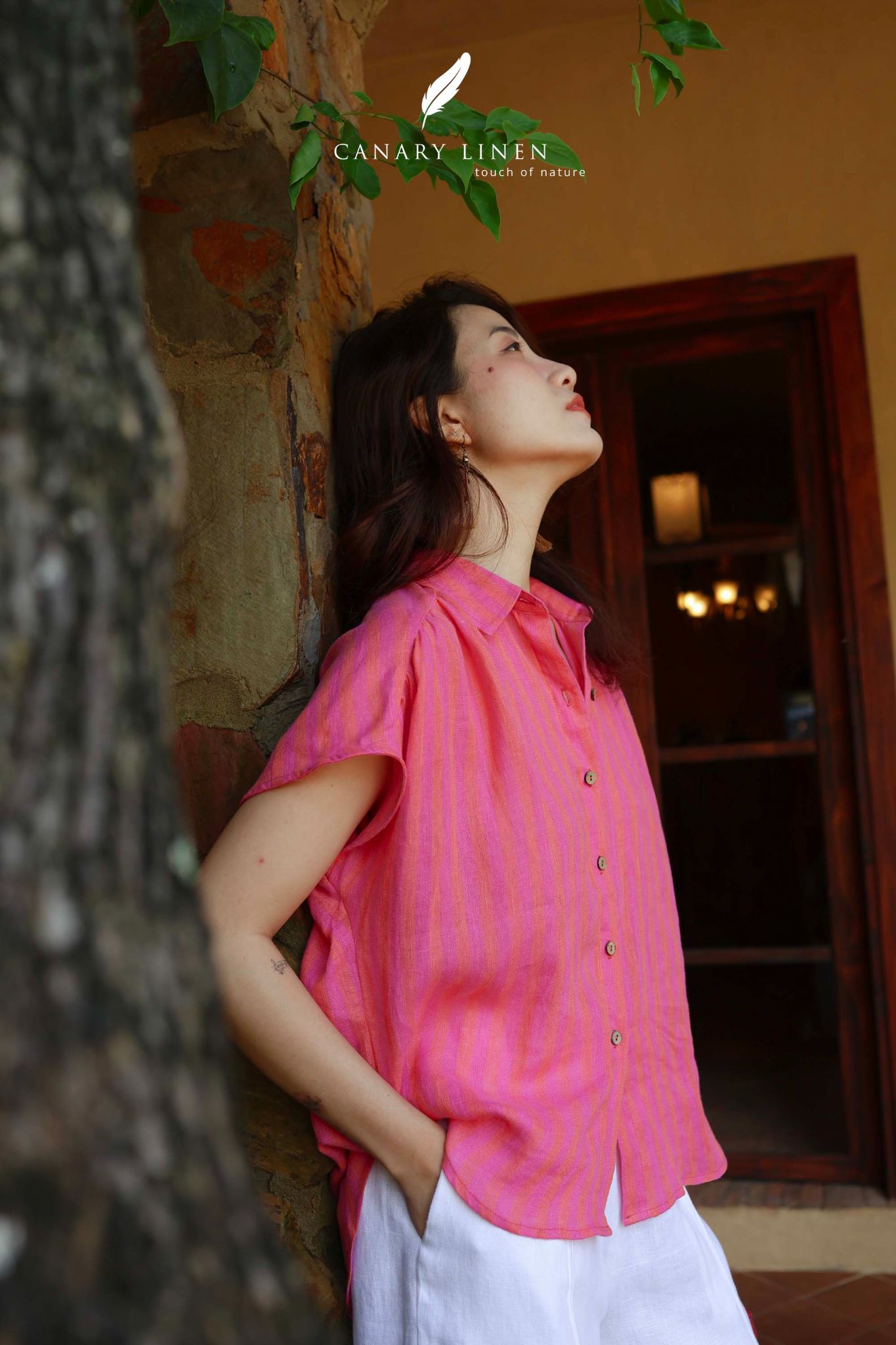 Gathie Shirt - Sọc hồng đỏ 