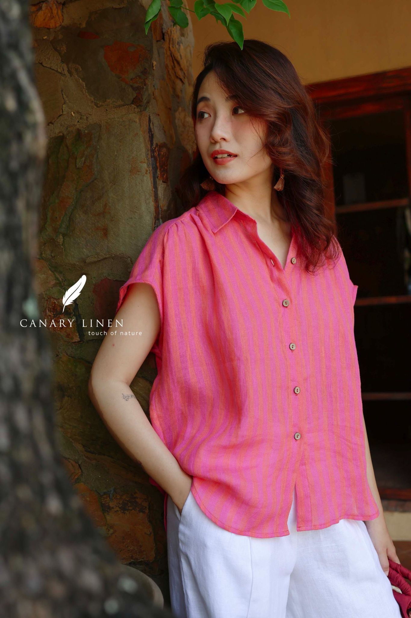  Gathie Shirt - Sọc hồng đỏ 