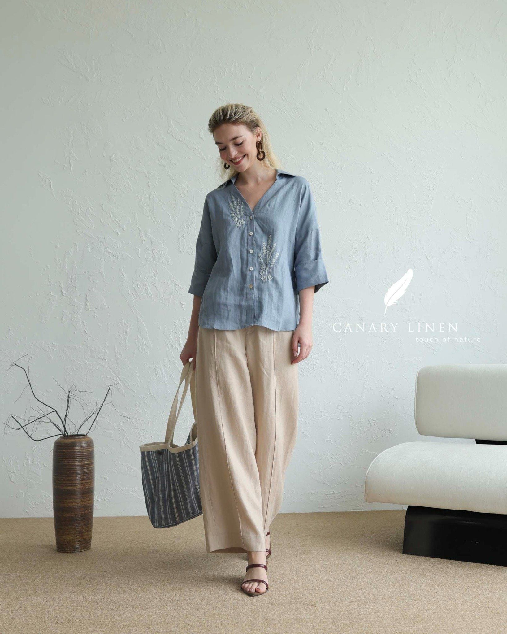  Quần ống suông gân giữa - Be nhạt 