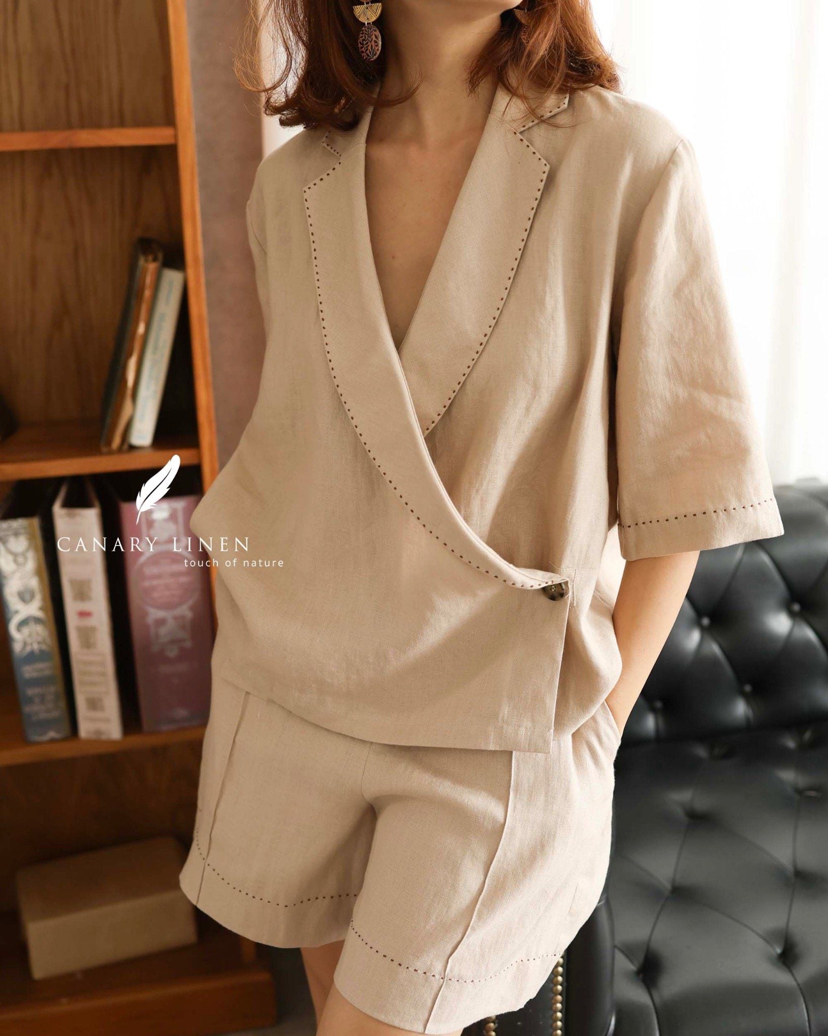  Nami Shorts - Be nhạt thêu viền nâu 