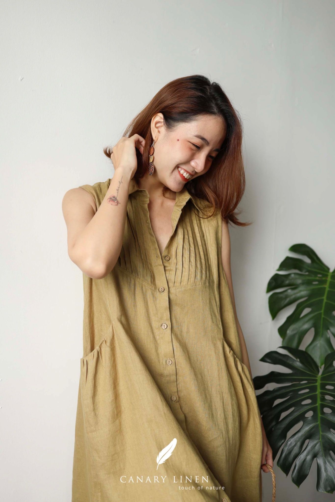  Pleat Dress - Xanh olive 