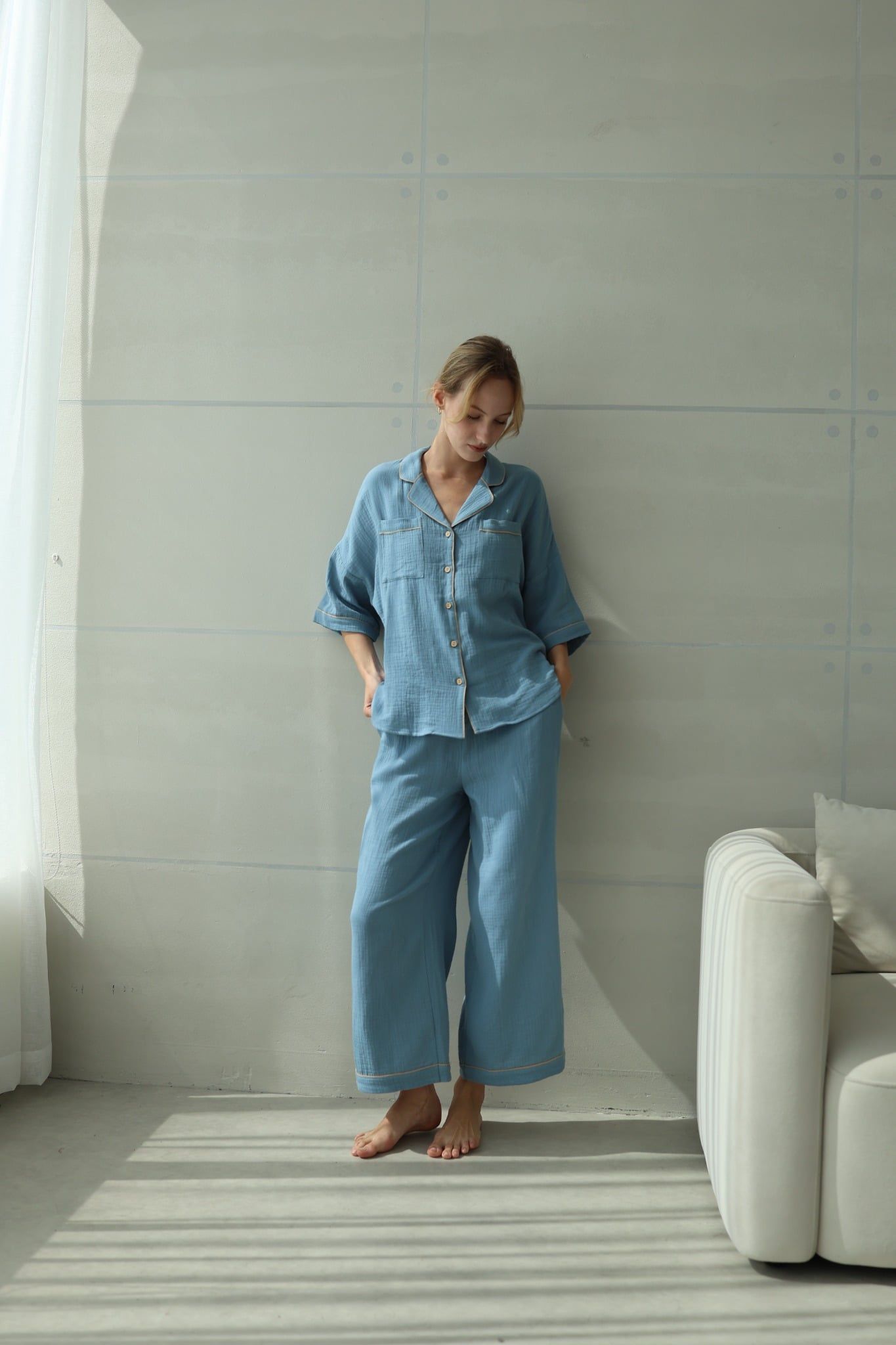  Calma Set - Xanh xám viền nâu be 