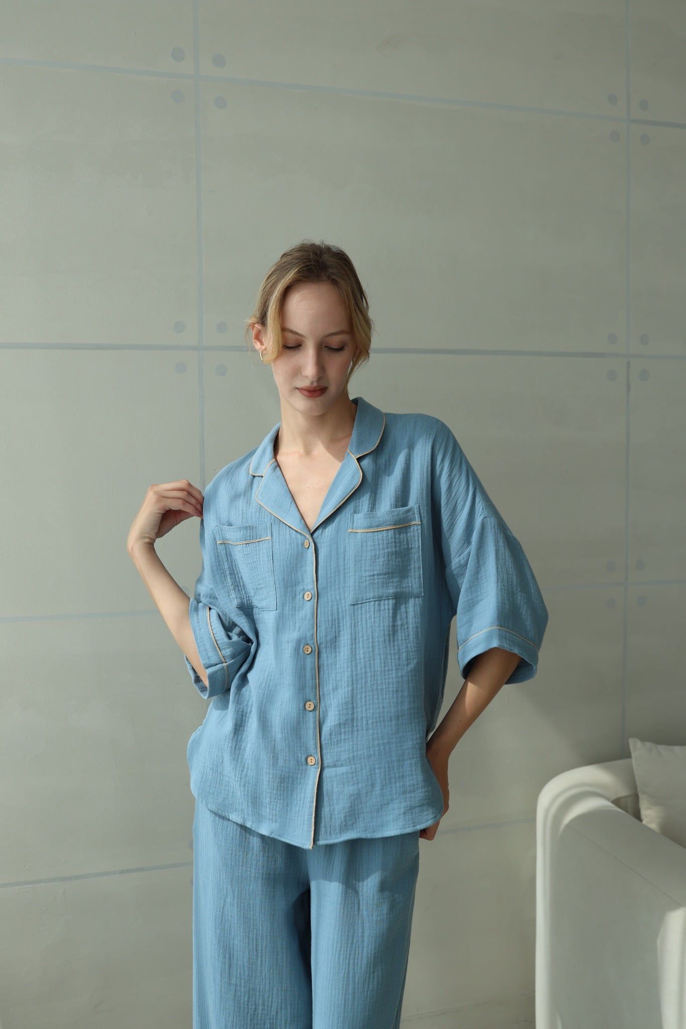  Calma Set - Xanh xám viền nâu be 