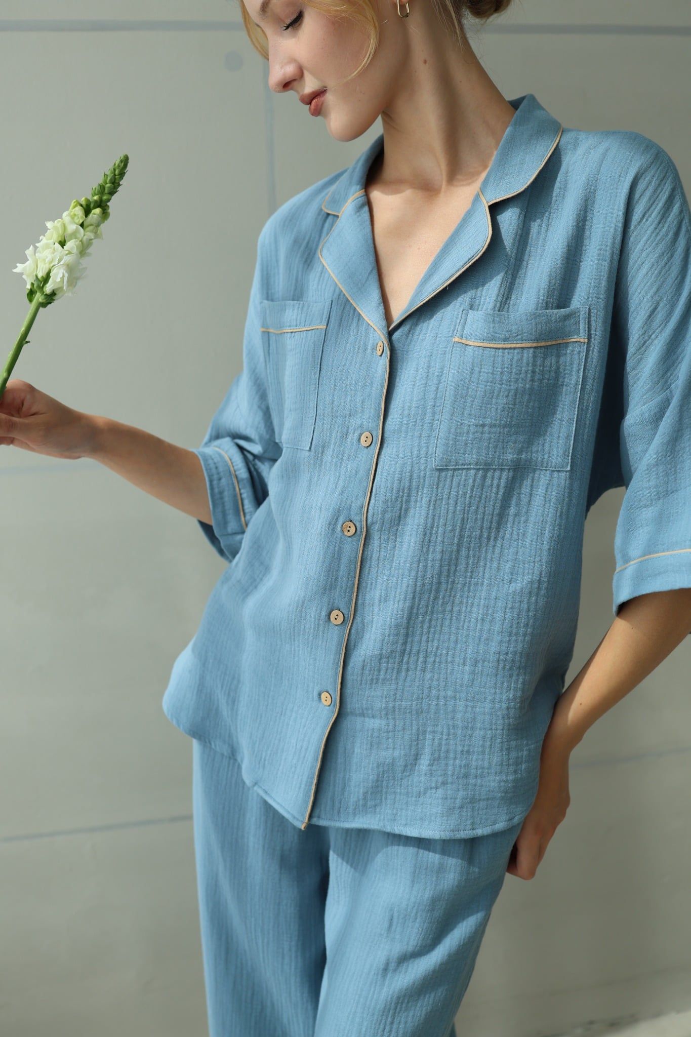  Calma Set - Xanh xám viền nâu be 