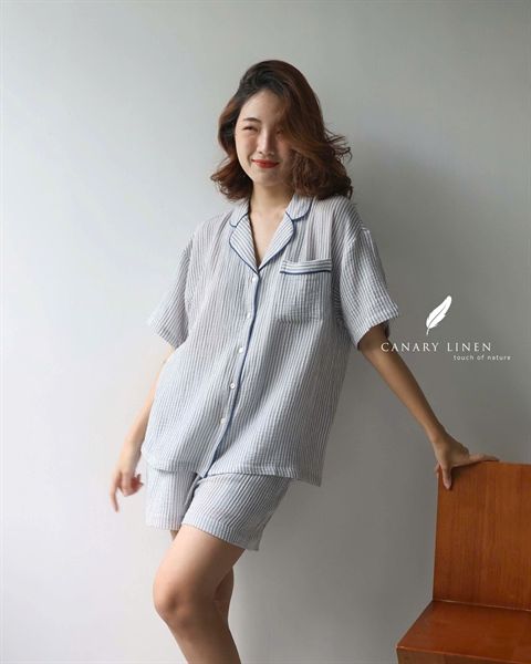  Vera Set - Sọc xám viền xanh indigo 