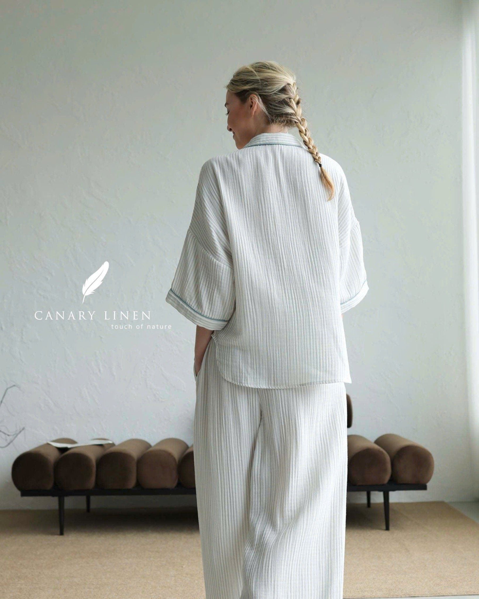  Calma Set - Sọc xám viền xanh 