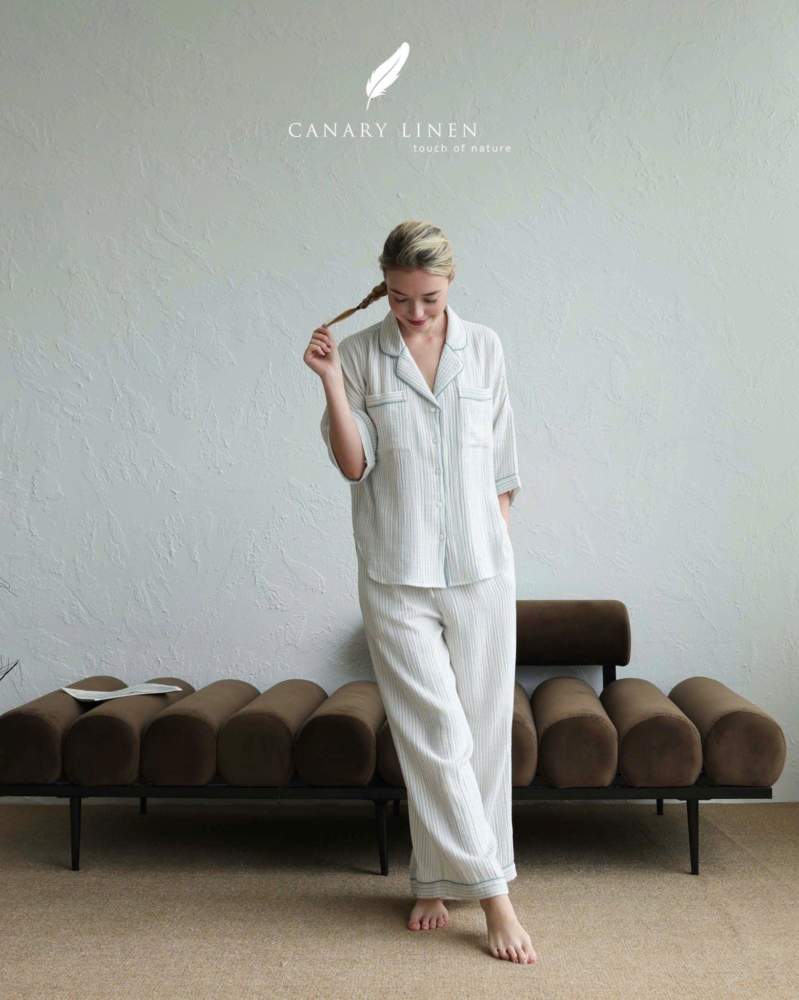  Calma Set - Sọc xám viền xanh 