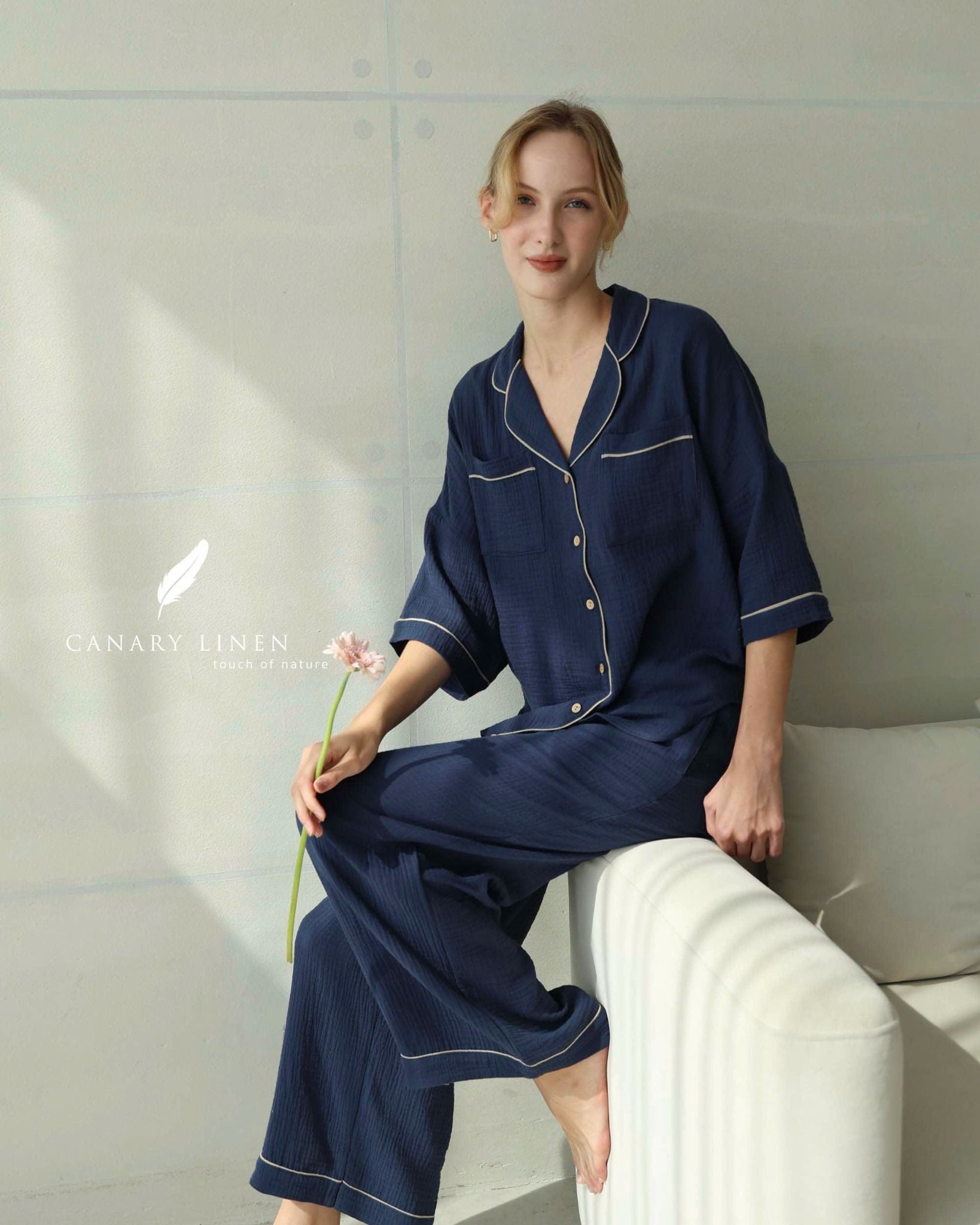  Calma Set - Xanh navy viền xám 