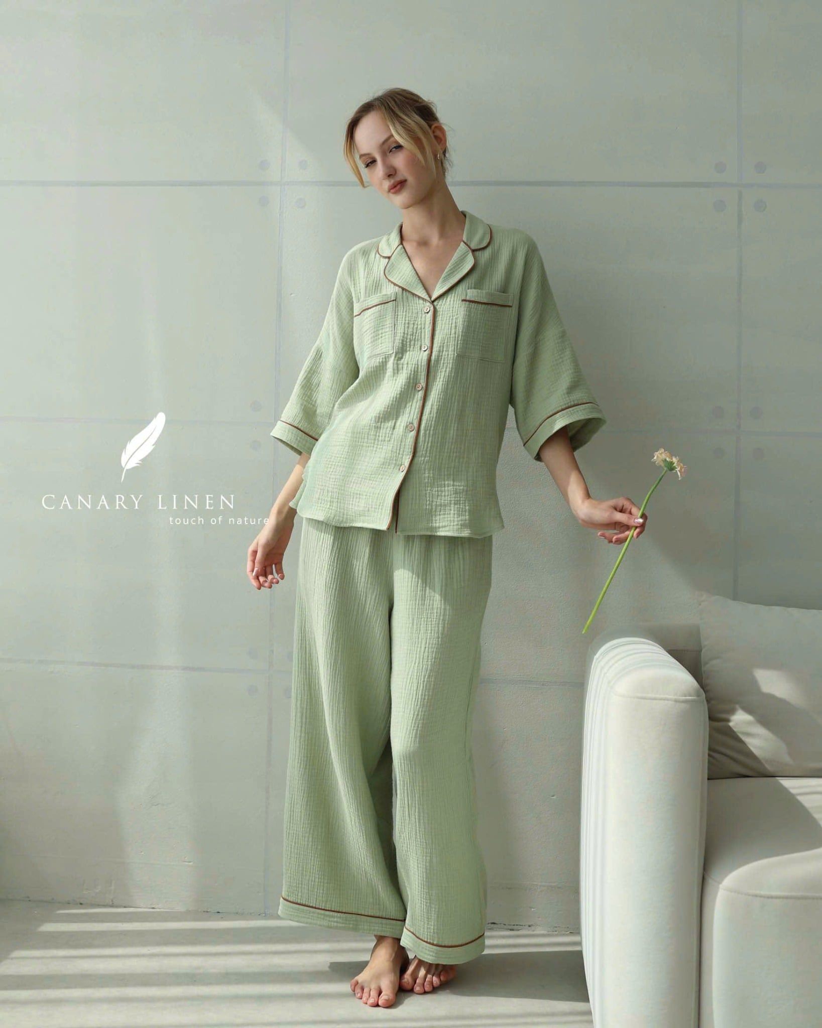  Calma Set - Xanh đậu viền nâu 