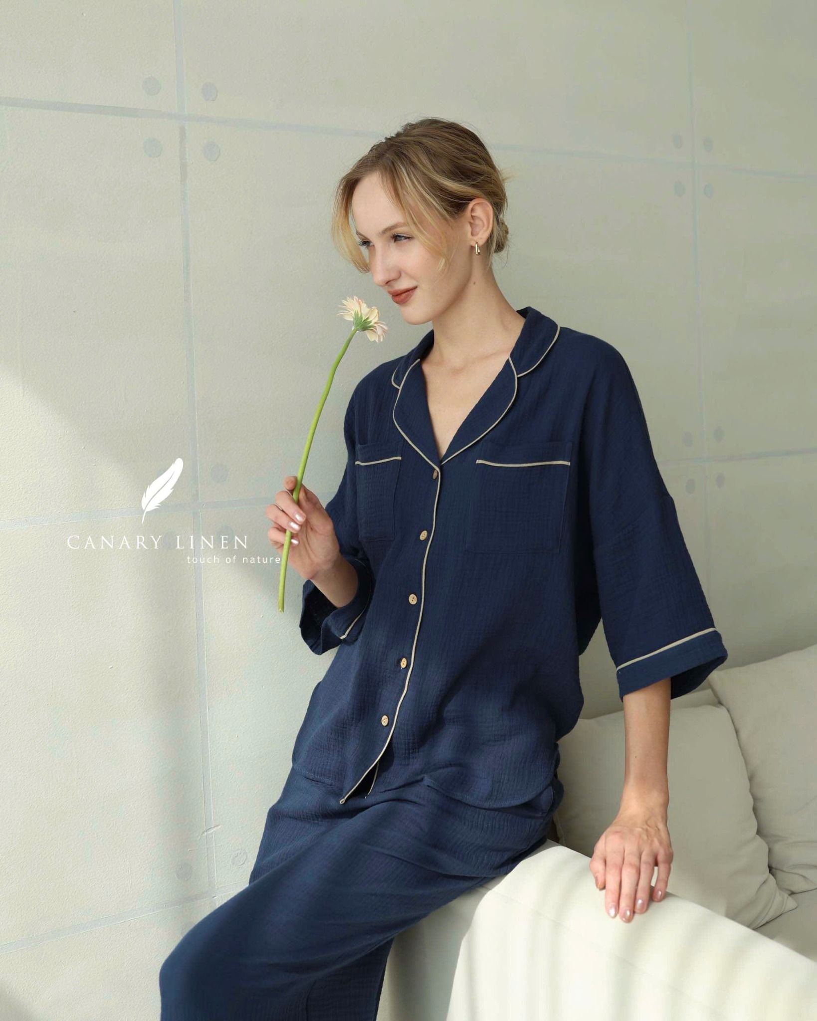  Calma Set - Xanh navy viền xám 