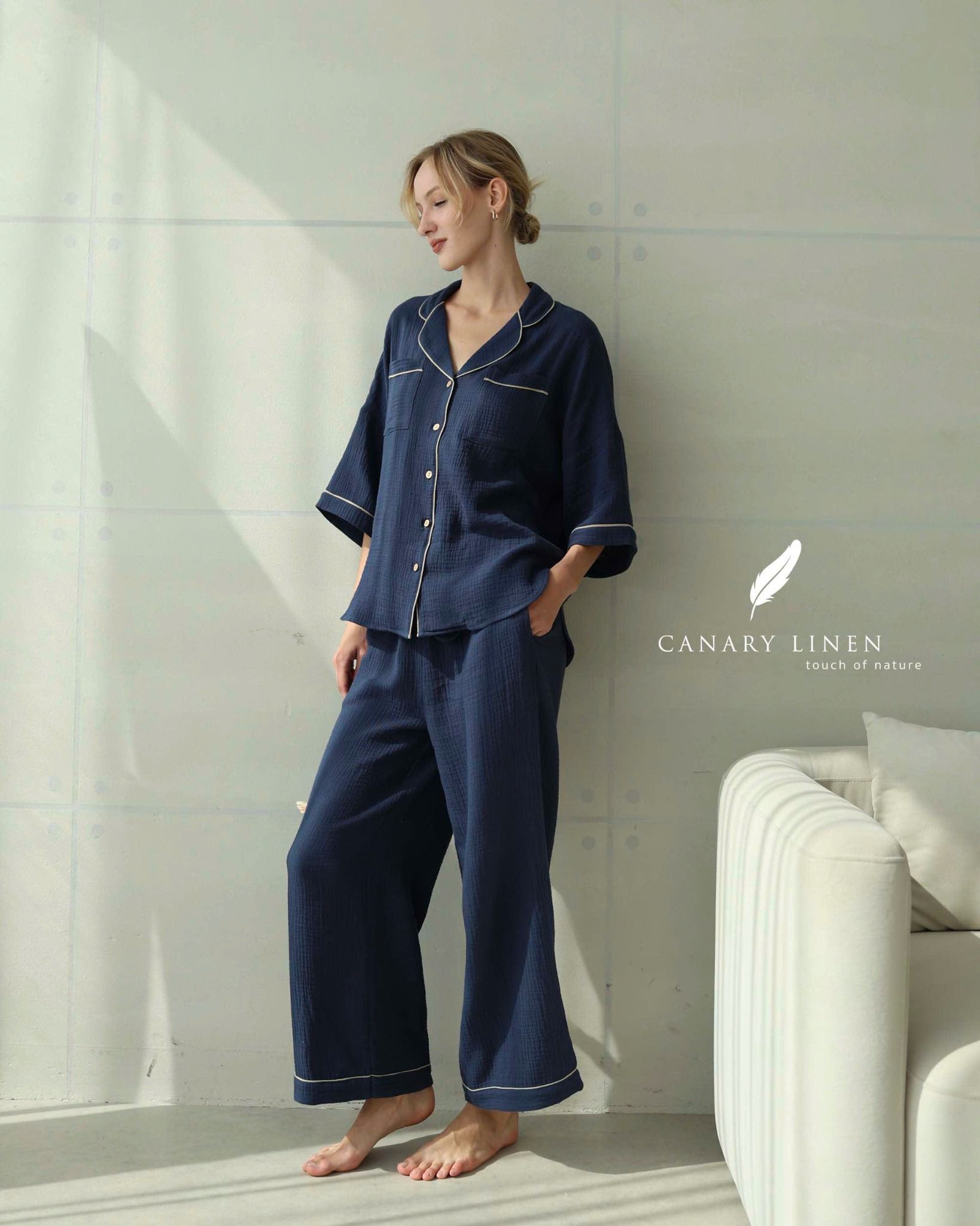  Calma Set - Xanh navy viền xám 