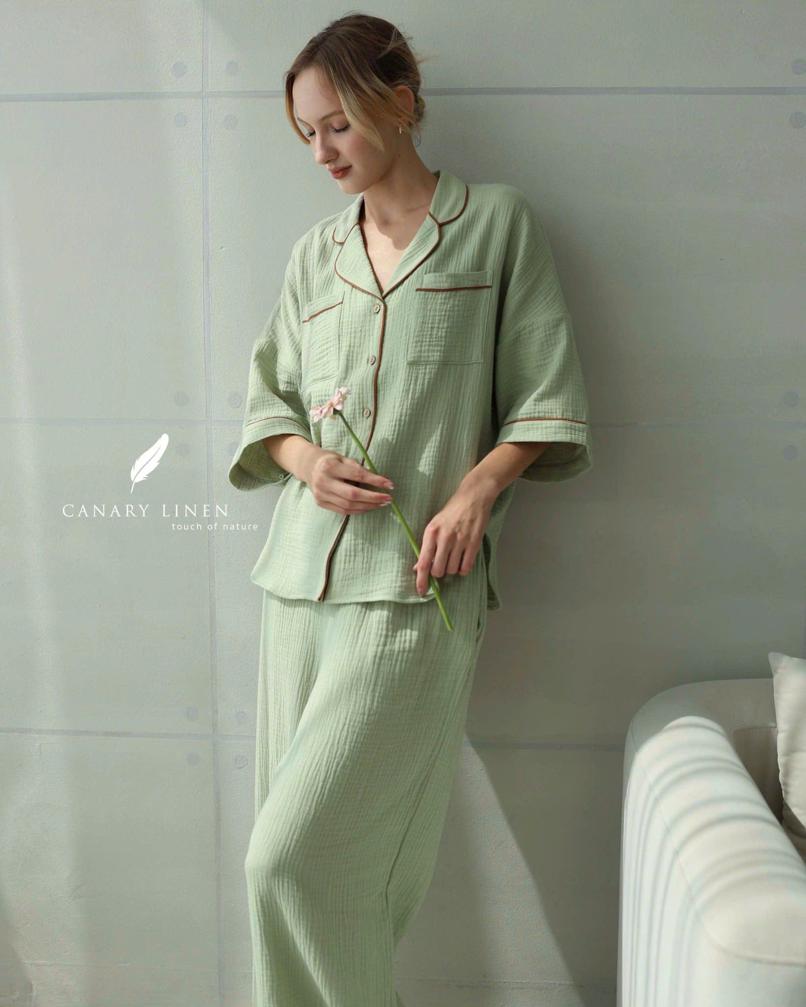 Calma Set - Xanh đậu viền nâu 