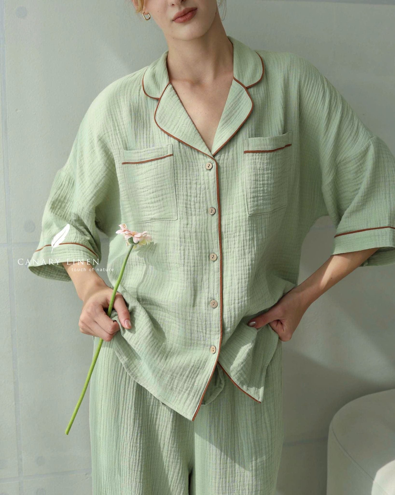  Calma Set - Xanh đậu viền nâu 