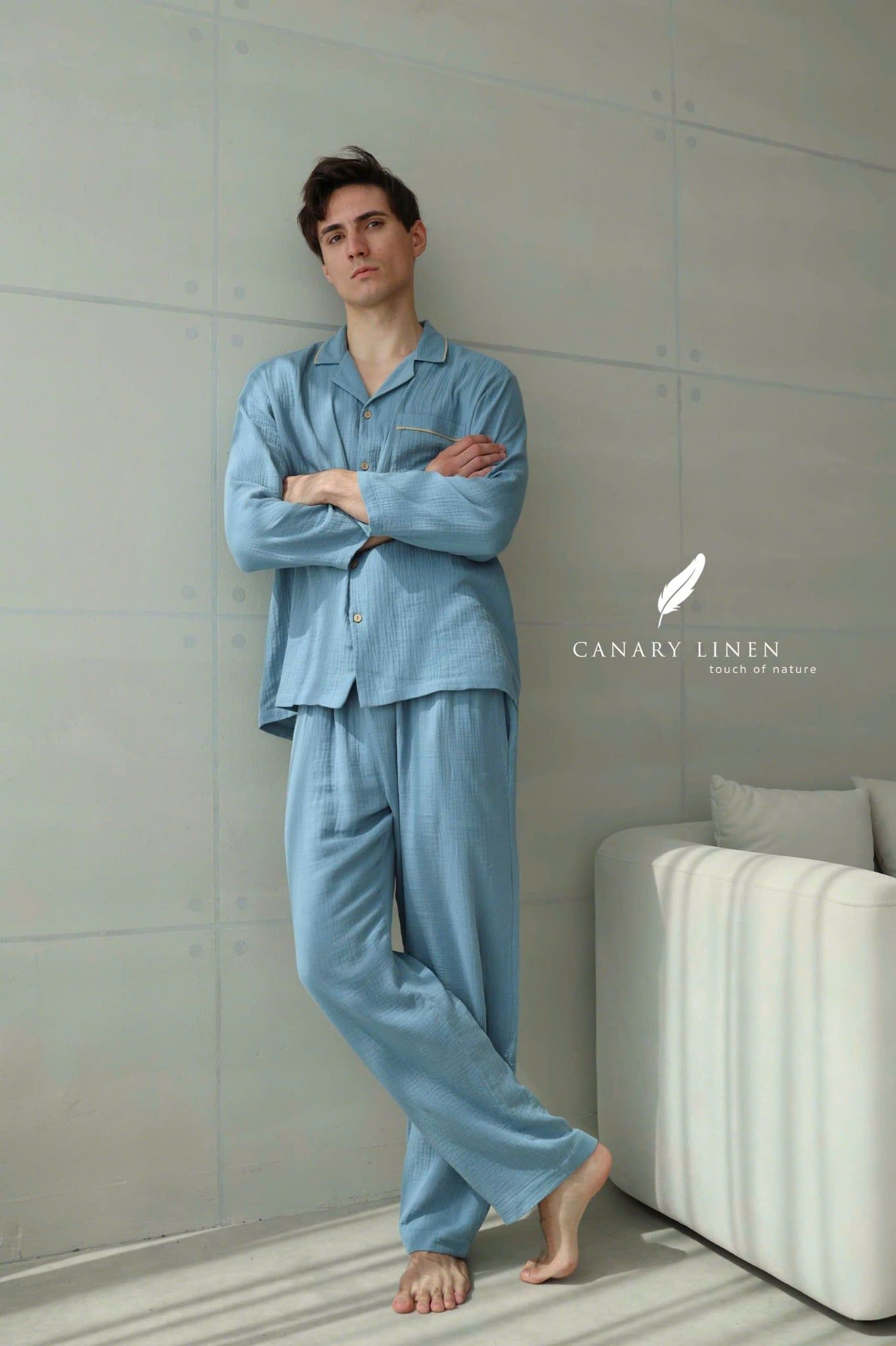  Men - Cove Set - Xanh xám viền nâu be 