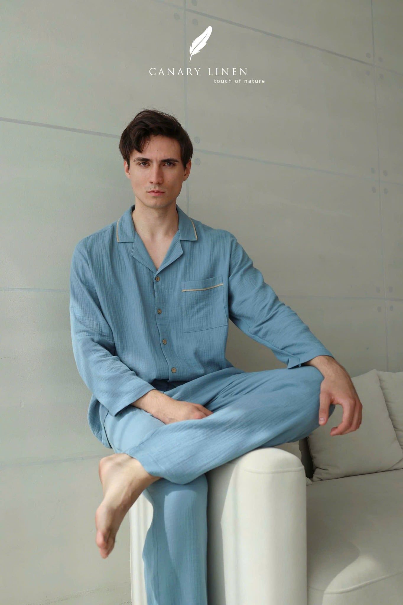  Men - Cove Set - Xanh xám viền nâu be 