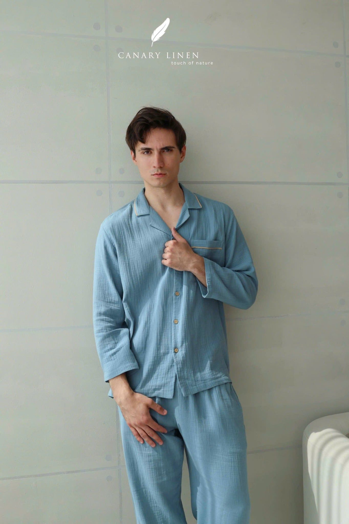  Men - Cove Set - Xanh xám viền nâu be 