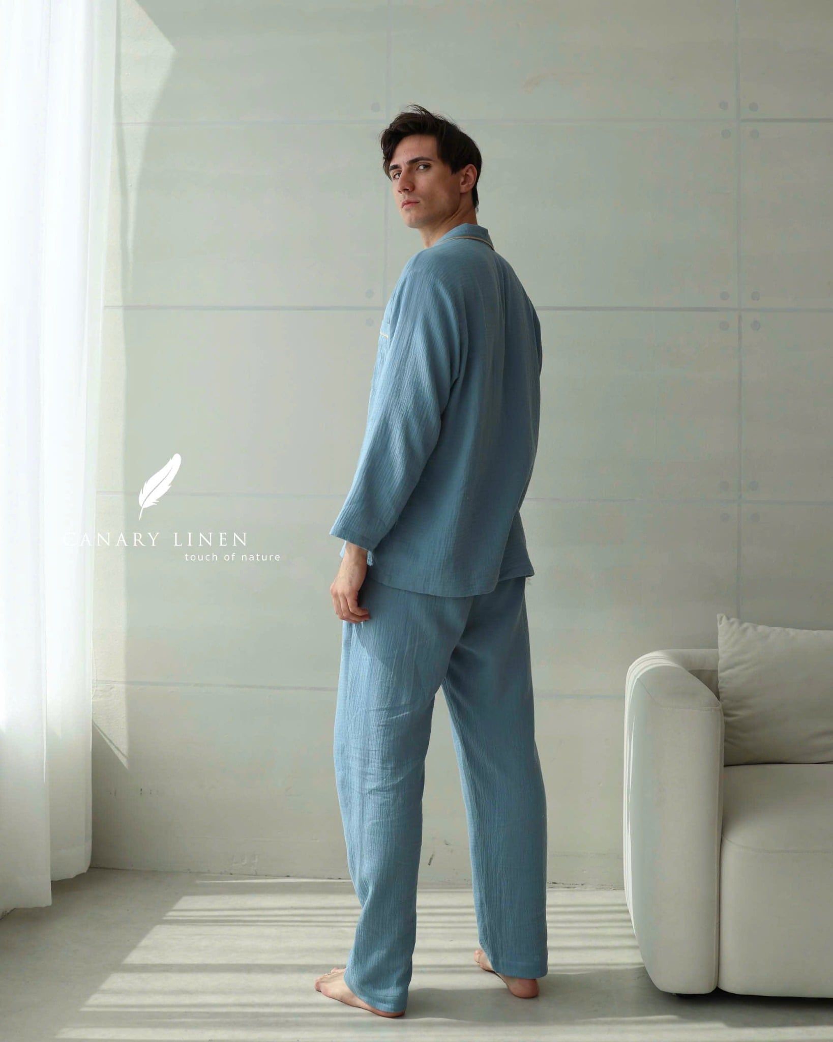  Men - Cove Set - Xanh xám viền nâu be 