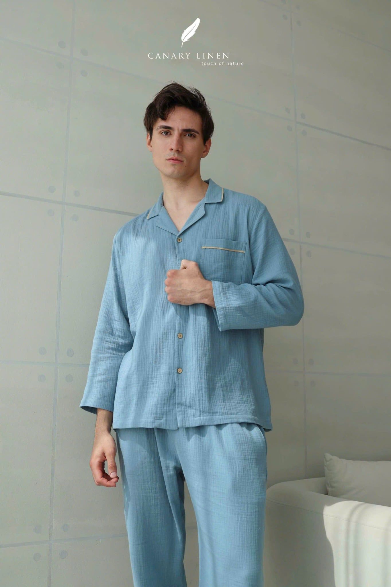  Men - Cove Set - Xanh xám viền nâu be 