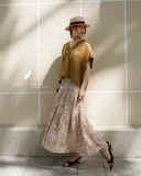  Tiered Maxi Skirt - Lá trắng nền vàng 