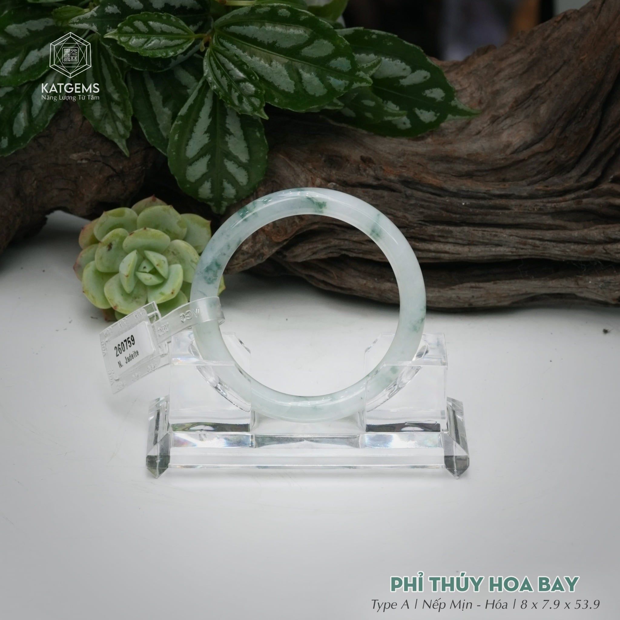  Vòng Khối Ngọc Phỉ Thúy Hoa Bay Cao Cấp Bản Hẹ KT: 8 x 7.9 x 53.9  (Không Kén Mệnh) 260759 