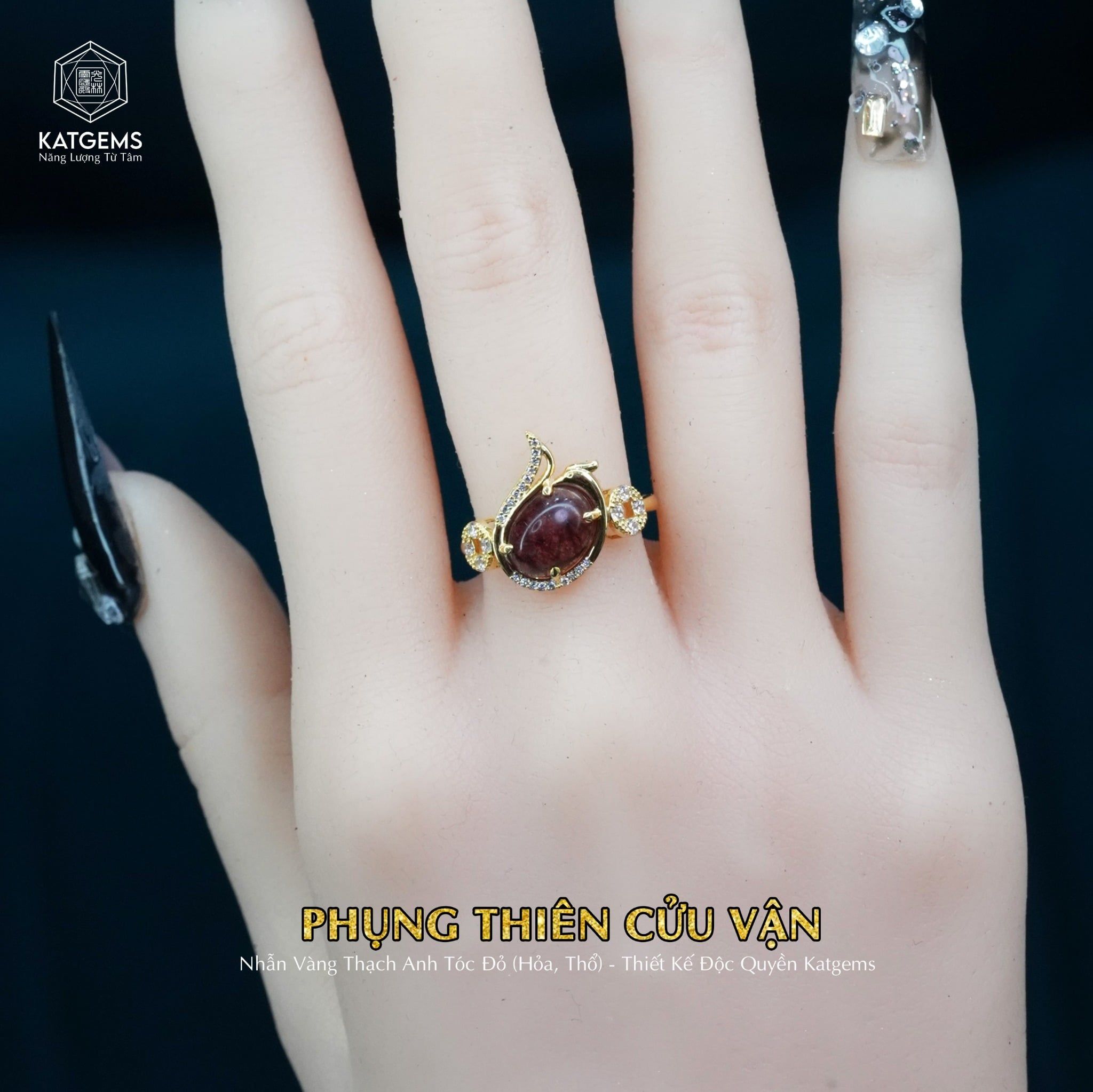  Bộ Trang Sức Vàng Phụng Thiên Cửu Vận Thạch Anh Tóc Đỏ (Hỏa, Thổ) Độc Quyền Katgems 