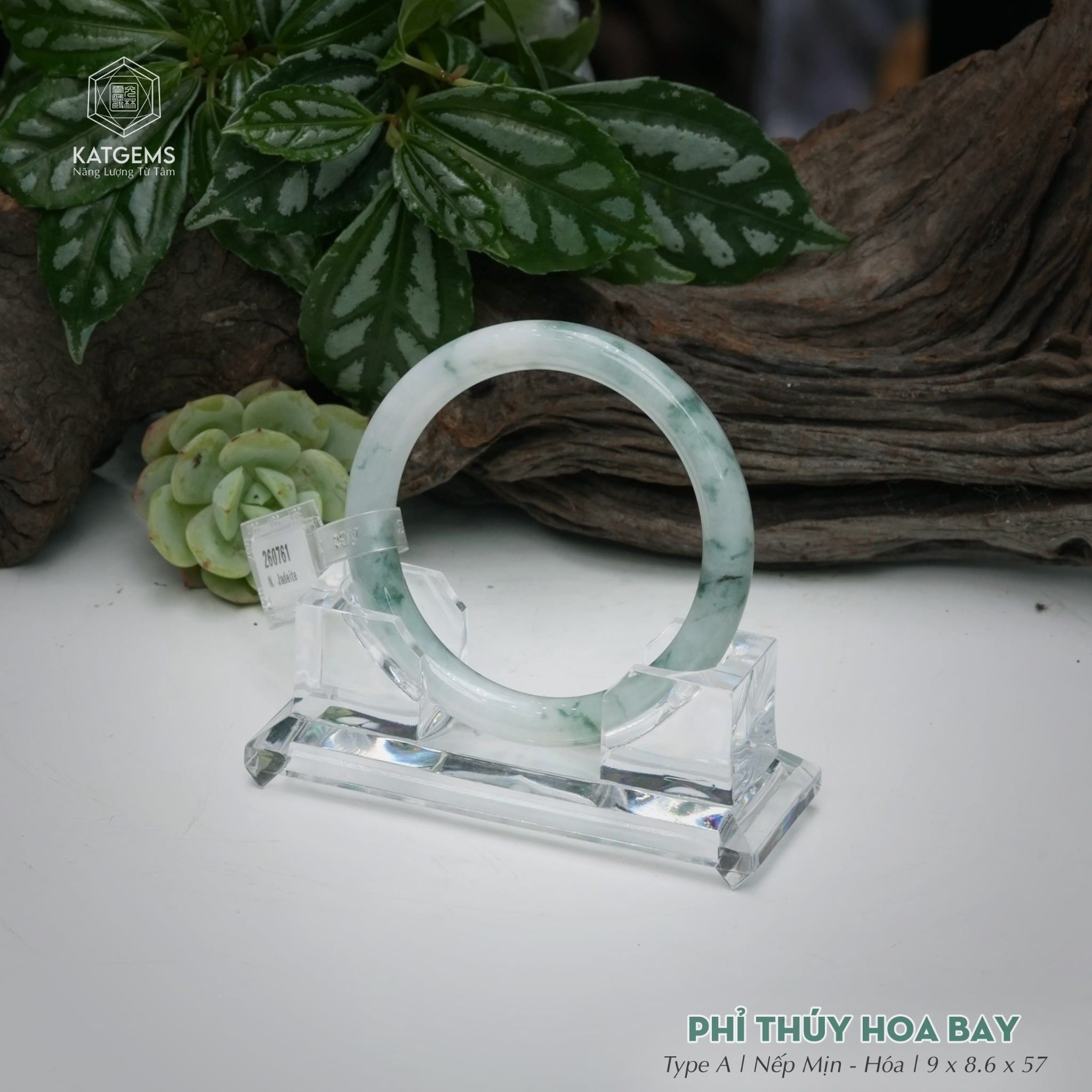  Vòng Khối Ngọc Phỉ Thúy Hoa Bay Cao Cấp Bản Hẹ KT: 9 x 8.6 x 57  (Không Kén Mệnh) 260761 