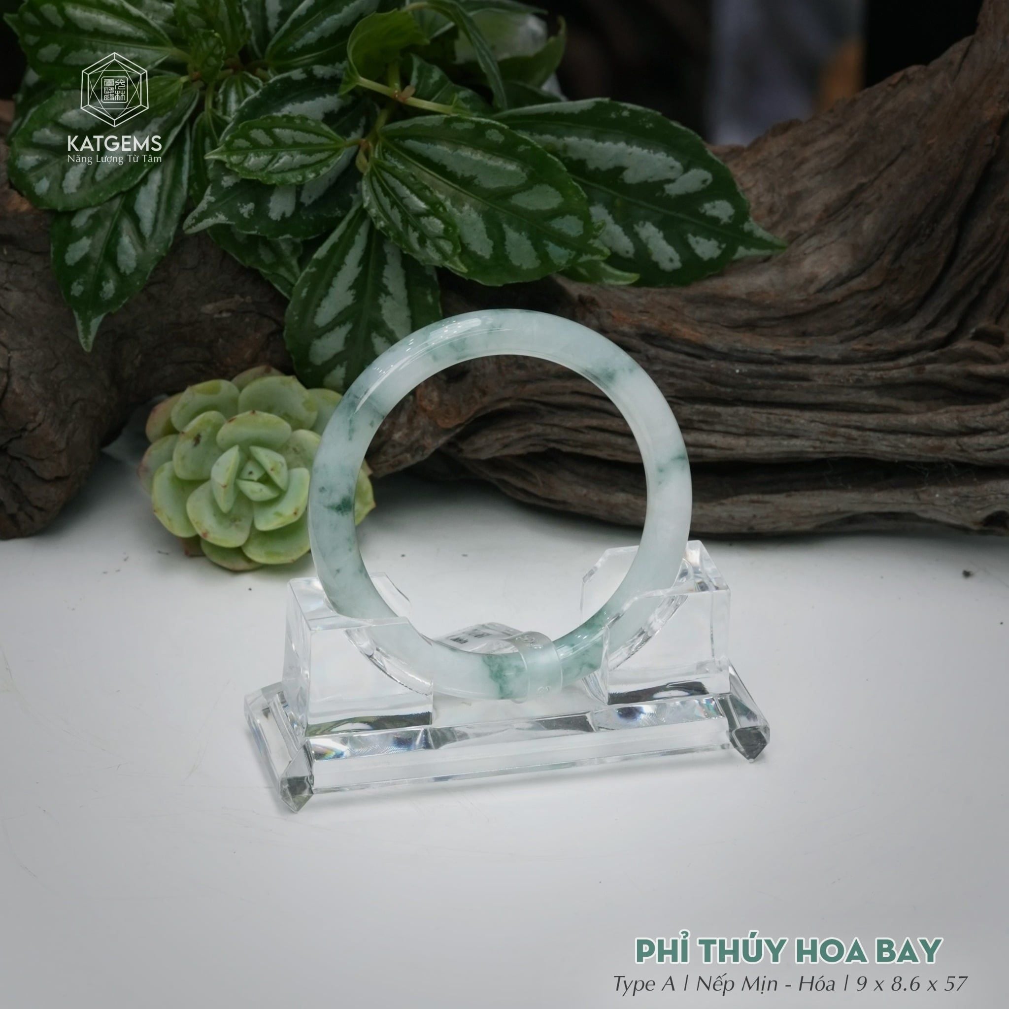  Vòng Khối Ngọc Phỉ Thúy Hoa Bay Cao Cấp Bản Hẹ KT: 9 x 8.6 x 57  (Không Kén Mệnh) 260761 