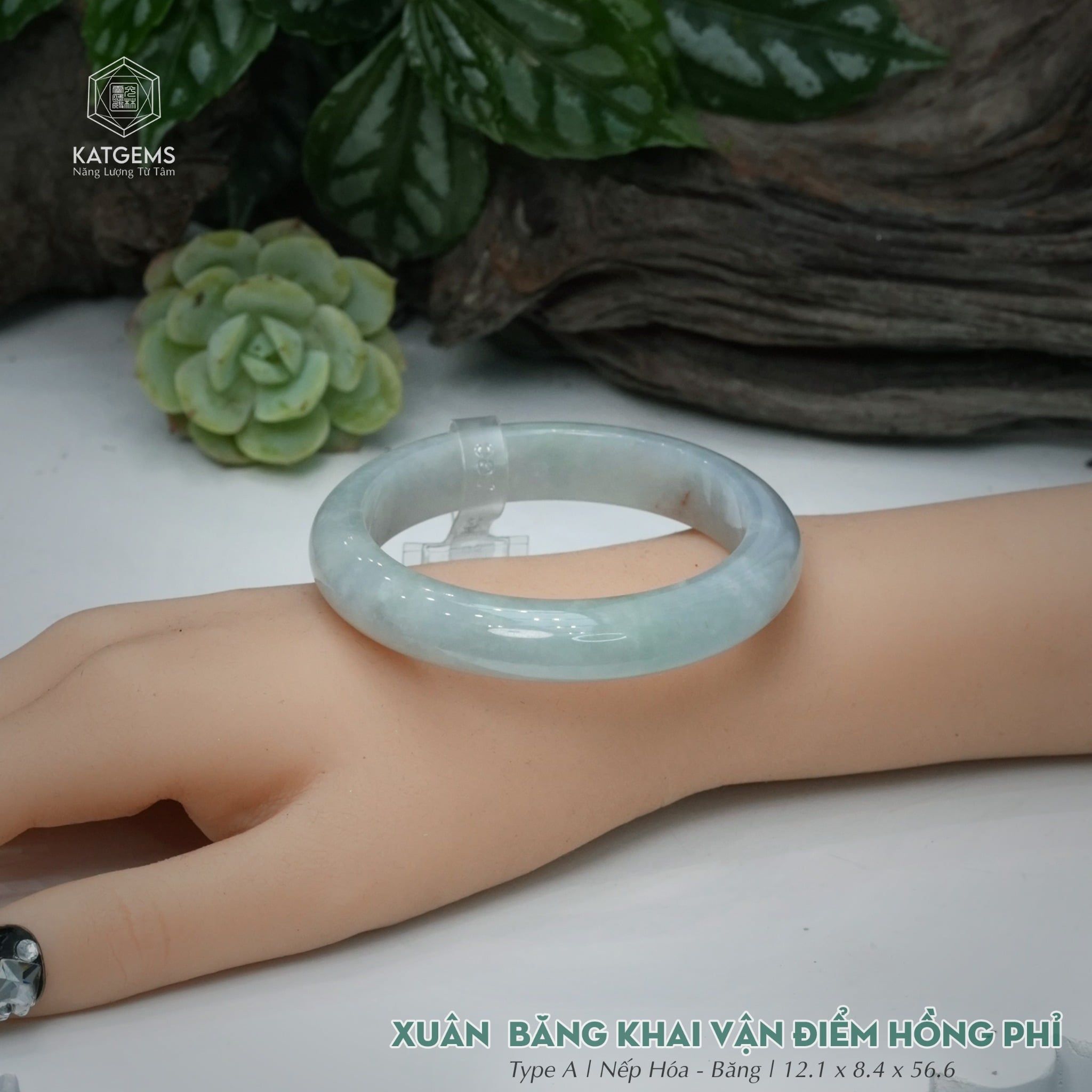  Vòng Khối Ngọc Phỉ Thúy Xuân Băng Khai Vận Điểm Hồng Phỉ Cao Cấp Bản Hẹ KT: 12.1 x 8.4 x 56.6  (Không Kén Mệnh) 260938 