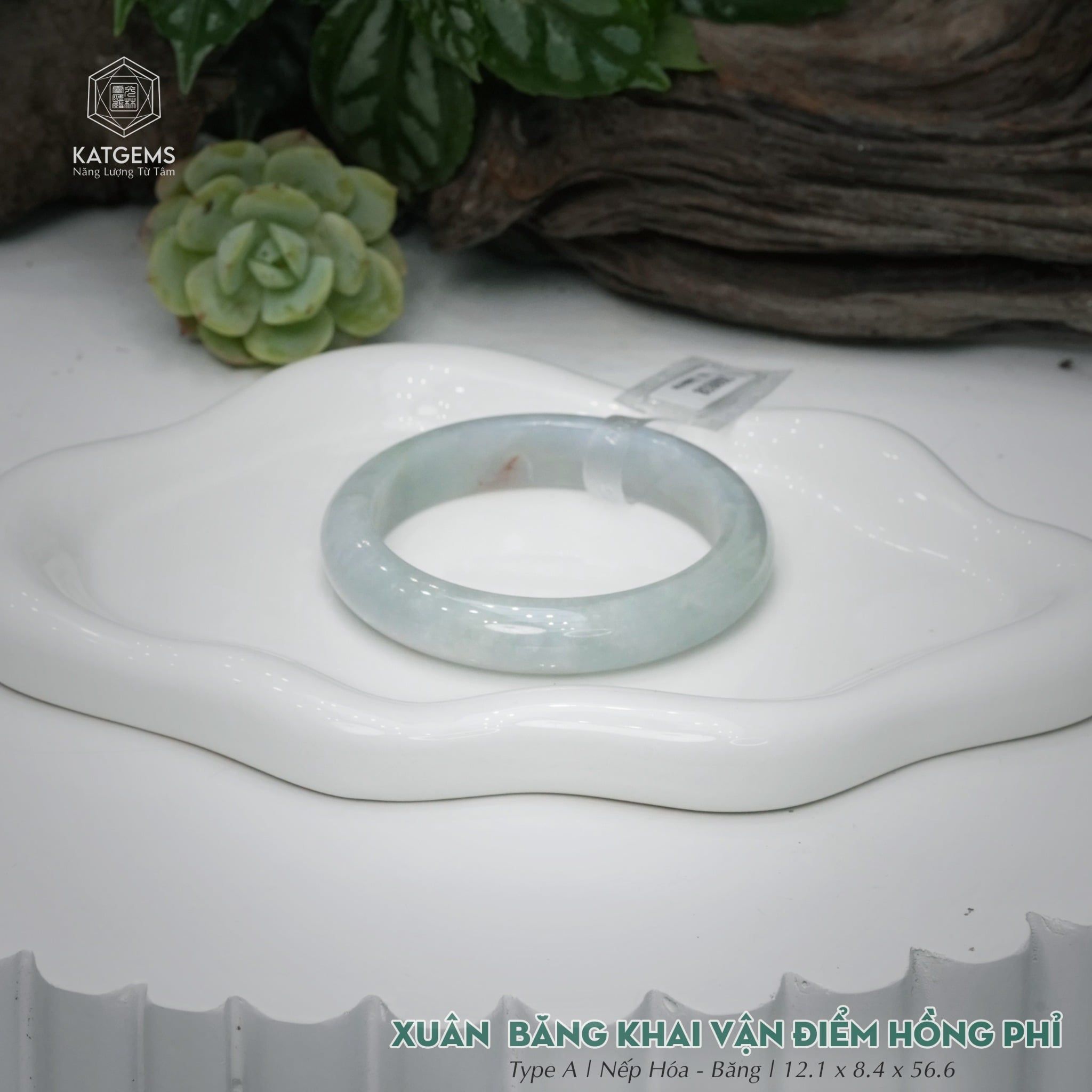  Vòng Khối Ngọc Phỉ Thúy Xuân Băng Khai Vận Điểm Hồng Phỉ Cao Cấp Bản Hẹ KT: 12.1 x 8.4 x 56.6  (Không Kén Mệnh) 260938 