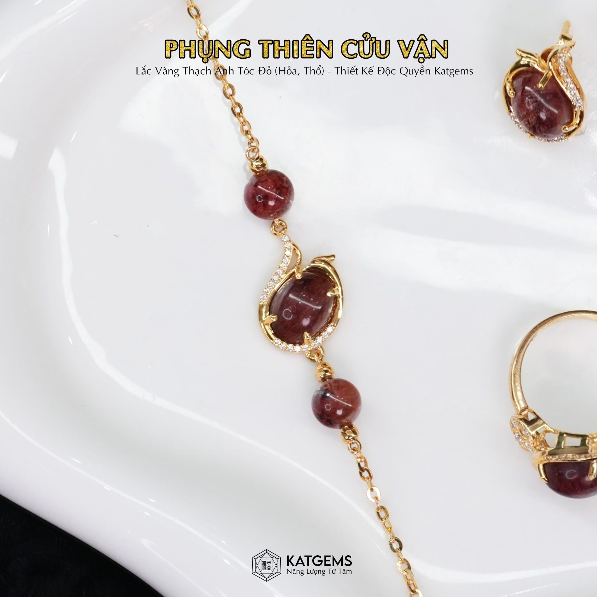  Bộ Trang Sức Vàng Phụng Thiên Cửu Vận Thạch Anh Tóc Đỏ (Hỏa, Thổ) Độc Quyền Katgems 