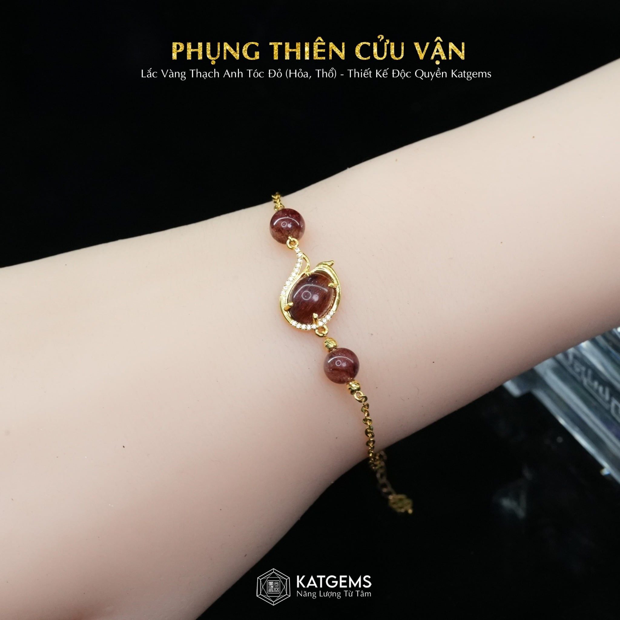  Bộ Trang Sức Vàng Phụng Thiên Cửu Vận Thạch Anh Tóc Đỏ (Hỏa, Thổ) Độc Quyền Katgems 