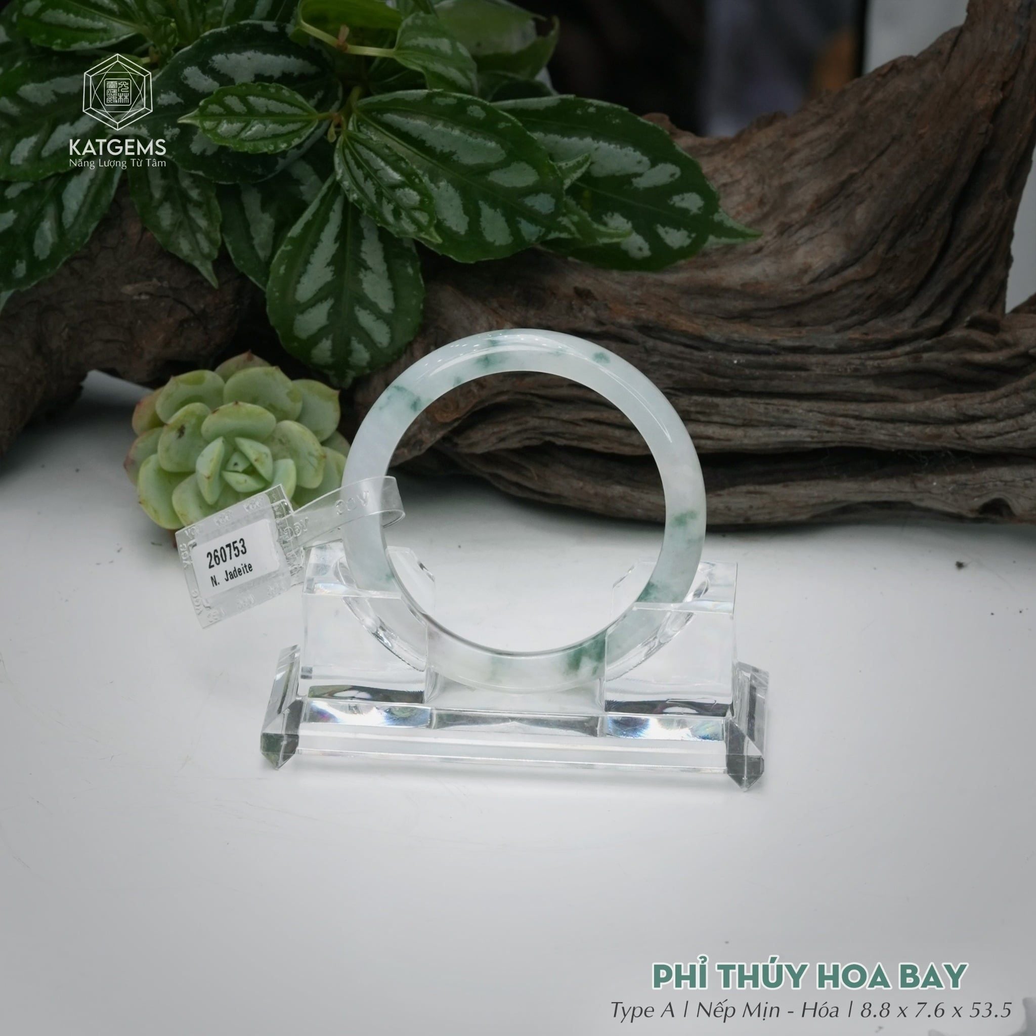  Vòng Khối Ngọc Phỉ Thúy Hoa Bay Cao Cấp Bản Hẹ KT: 8.8 x 7.6 x 53.5  (Không Kén Mệnh) 260753 