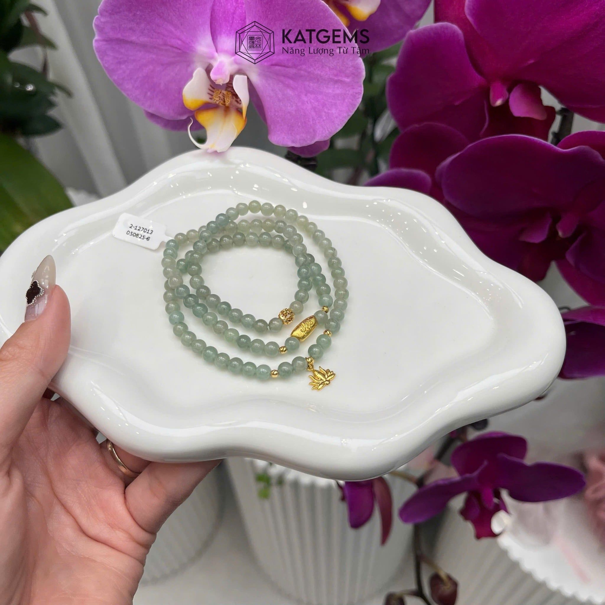  Vòng Chuỗi Ngọc Phỉ Thúy Xanh Nho 4.8ly Mix Bi Kim Tiền, Hạt Gạo Vàng Và Hoa Sen Vàng Trang Sức (Không Kén Mệnh) 2-127013 