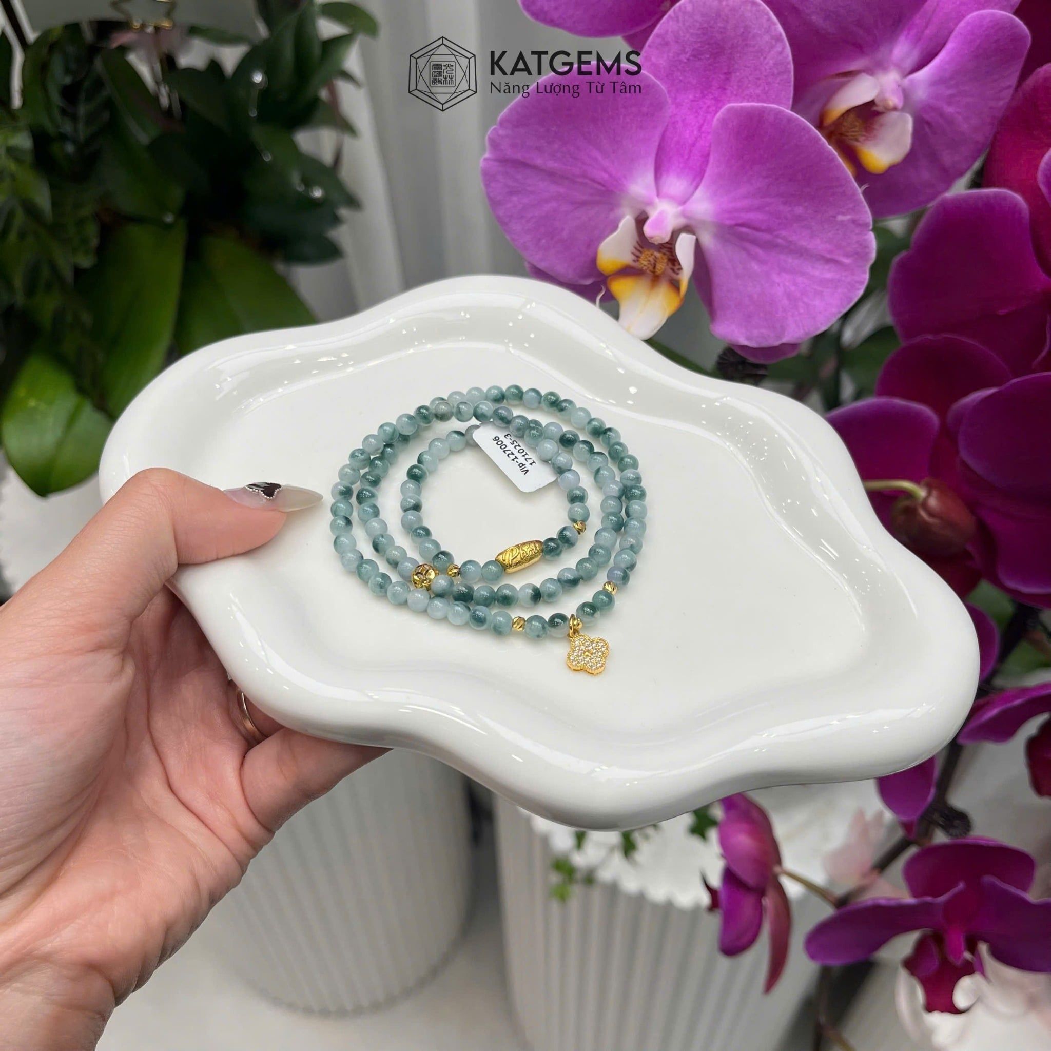  Vòng Chuỗi Ngọc Phỉ Thúy Hoa Bay 4.8ly Mix Bi Kim Tiền, Hạt Gạo Vàng Và Cỏ Bốn Lá Vàng Trang Sức (Không Kén Mệnh) Vip-127006 