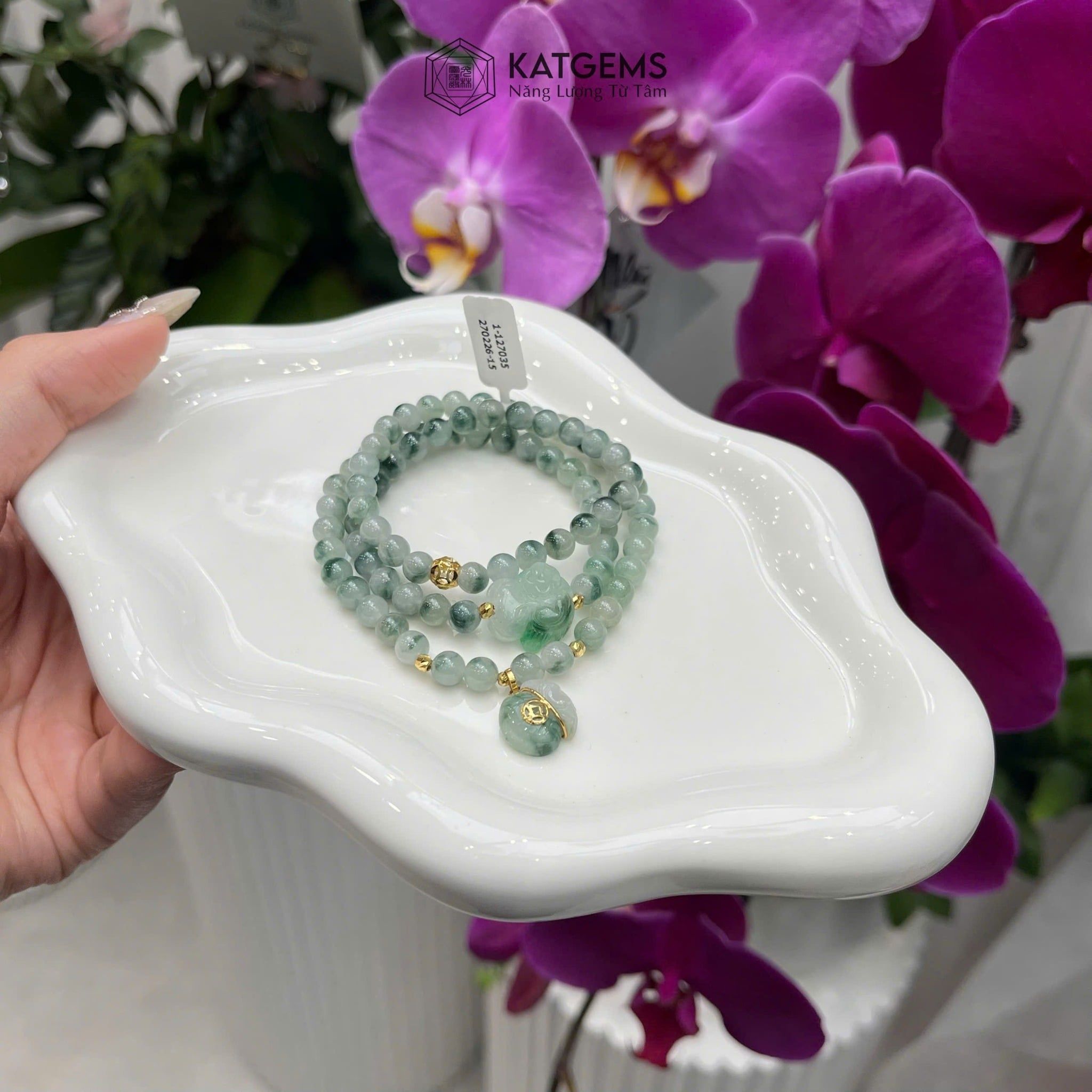  Vòng Chuỗi Ngọc Phỉ Thúy Hoa Bay 5.7ly Mix Bi Kim Tiền, Hồ Ly Phượng Và Túi Tiền Kim Bảo Vàng Trang Sức (Không Kén Mệnh) 1-127035 