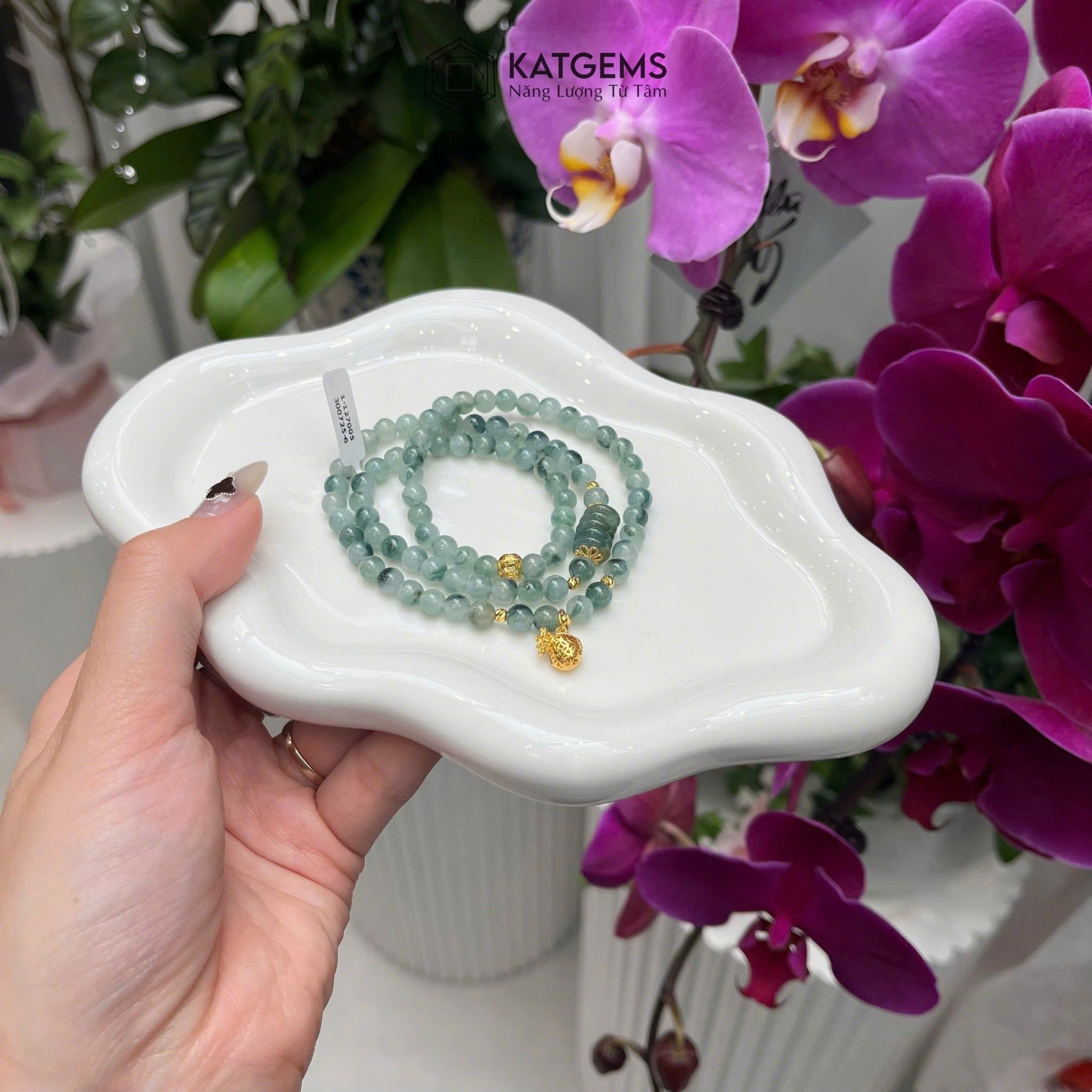  Vòng Chuỗi Ngọc Phỉ Thúy Hoa Bay 5.6ly Mix Bi Kim Tiền, Ngũ Điếu Và Túi Tiền Vàng Trang Sức (Không Kén Mệnh) 1-127005 