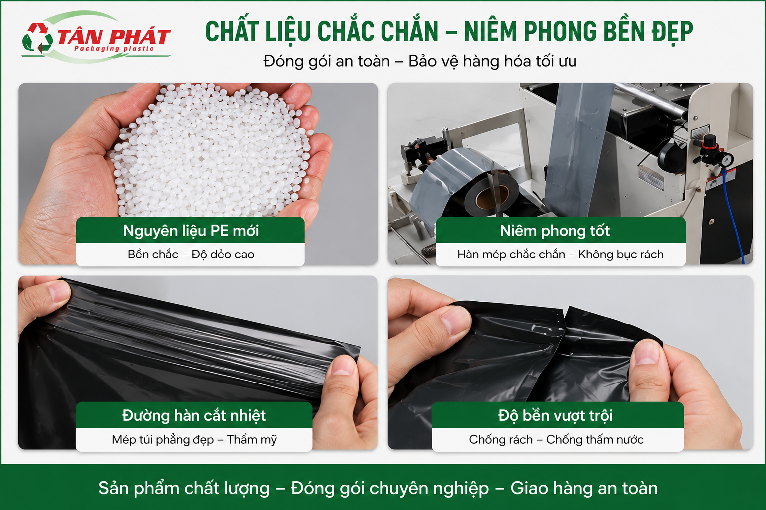 Chất liệu PE chắc chắn — niêm phong bền đẹp, đường hàn cắt nhiệt phẳng đều