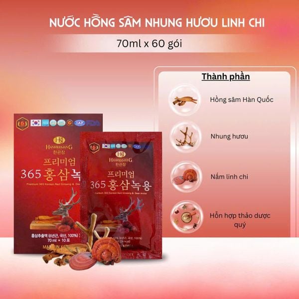 Nước Hồng Sâm Nhung Hươu Linh Chi 365 Hộp 60 Gói 70ml
