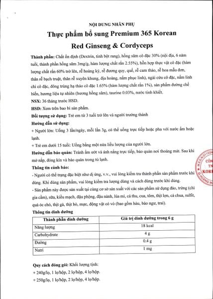 Cao Hồng Sâm Đông Trùng Hạ Thảo 365 Hộp 2 Lọ 250g