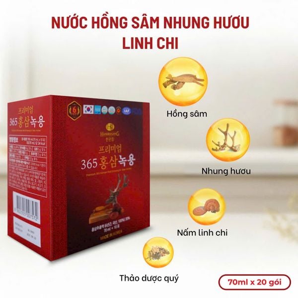 Nước Hồng Sâm Nhung Hươu Linh Chi 365 Hộp 20 Gói 70ml