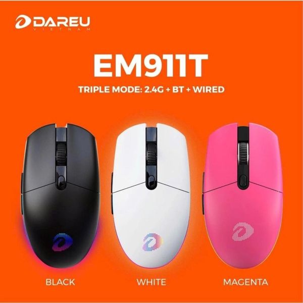 Chuột Gaming Dareu EM911T Pin sạc: 500mAh (3 Mode: USB 2.4G + Bluetooth + Dây) Magenta
