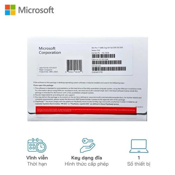 Key Phần mềm MICROSOFT Windows 11 Pro 64Bit Eng Intl 1pk DSP OEI DVD ( Bản Vĩnh viễn 1 PC)