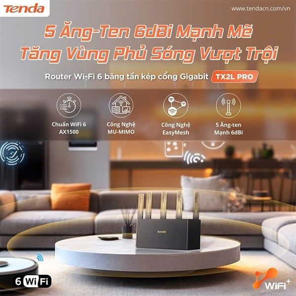 Router Wifi 6 băng tần kép AX1500 Tenda TX2L Pro