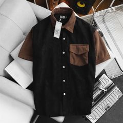 Áo sơ mi tay ngắn unisex phối túi vải nhung tăm thời trang 85-140kg